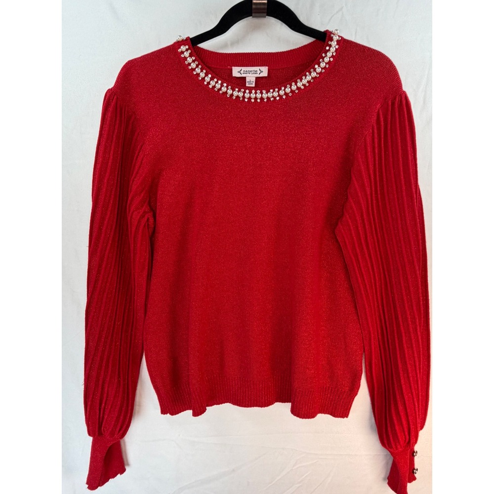 Nanette Lepore Red Metallic Pearl Rhinestone Pleated Puff Sleeve Sweater Large